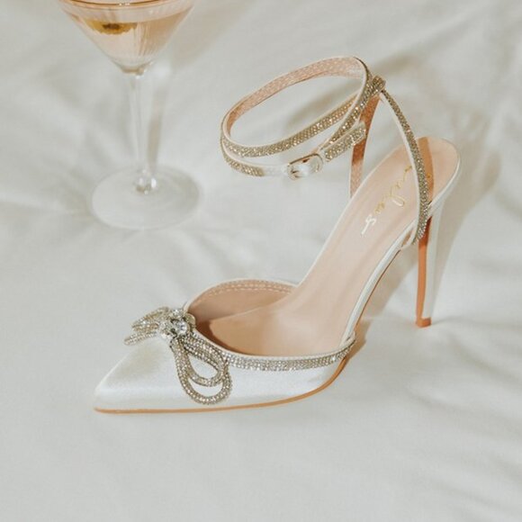 Lulus Lullie White Satin Rhinestone Ankle Strap Pointed-toe Pumps - Size 8 - Picture 1 of 1
